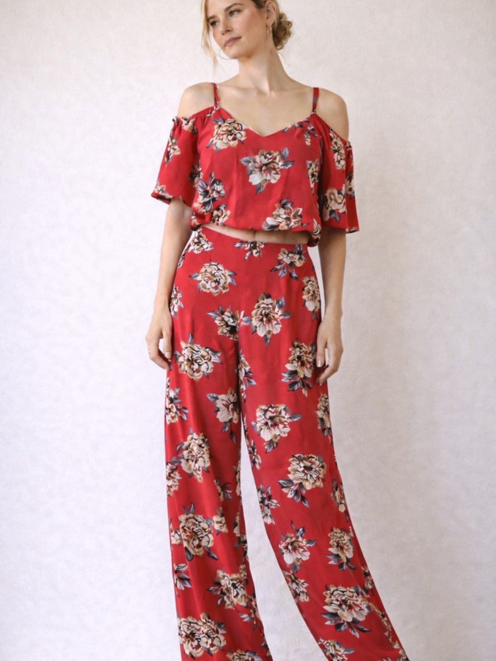 Women’s Red Floral Matching Set Size L Crop Top Wide Leg Pants Cottagecore Boho